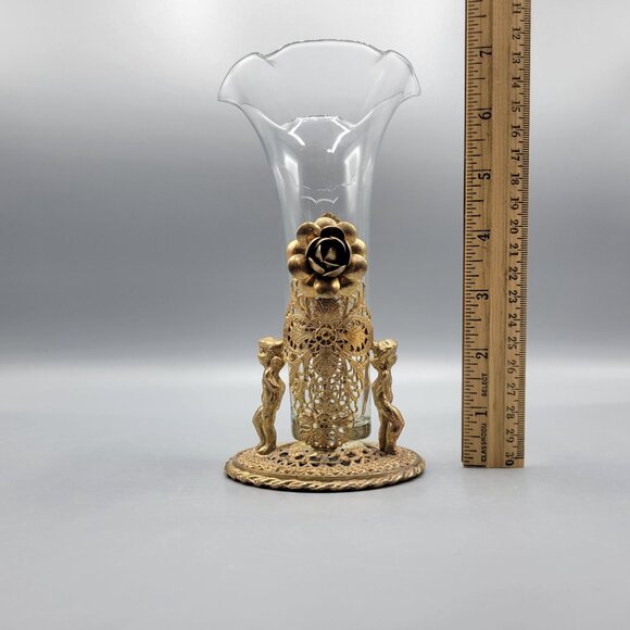 Antique Vintage Gold Brass Filigree Fluted Bud Vases Cherub Figural Design - Picture 16 of 16